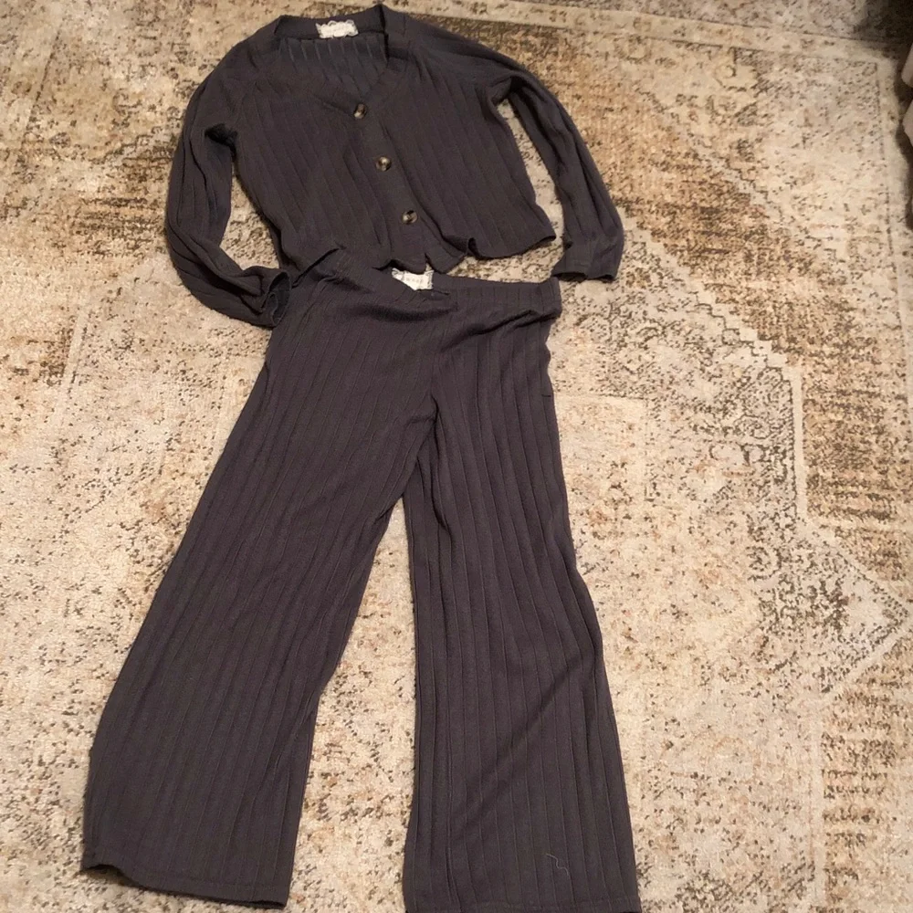 btween  Girls Ribbed Wide-Leg Pant and Button Cardigan Set - Charcoal